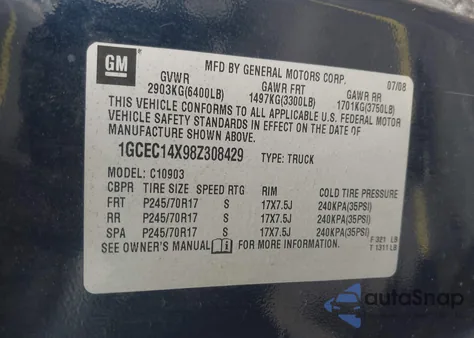 2008 Chevrolet Silverado 1500 Work Truck from USA, damaged, VIN 1GCEC14X98Z308429